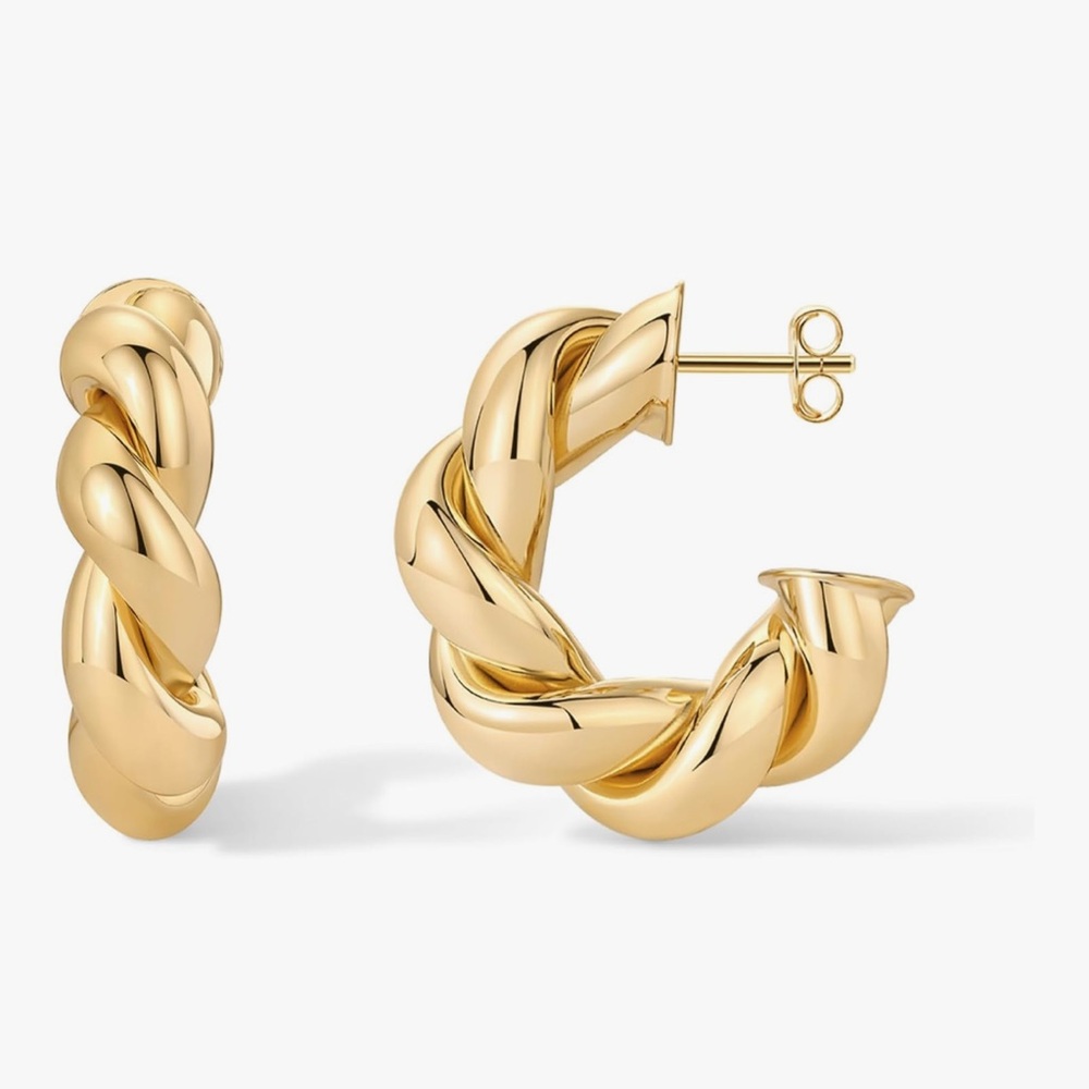 14K Gold Plated Chunky Twisted Puffed Rope Hoop Earrings